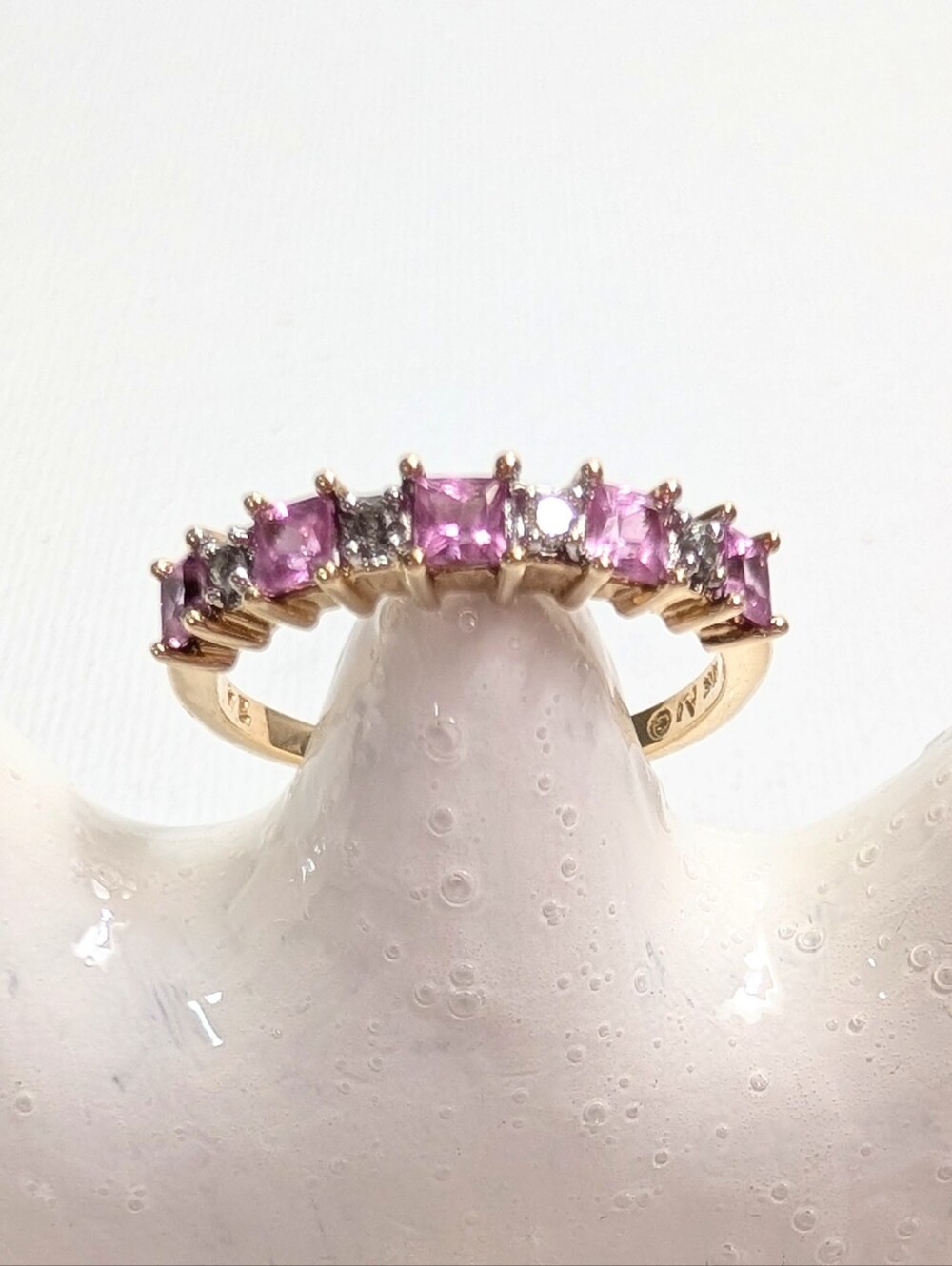 JTV 10K Yellow Gold Pink Sapphire Diamond Half Eternity Ring Size 7